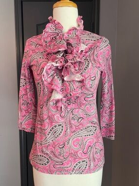 Lauren Ralph Lauren Y2K Vintage Pink Paisley Ruffle-Neck Blouse